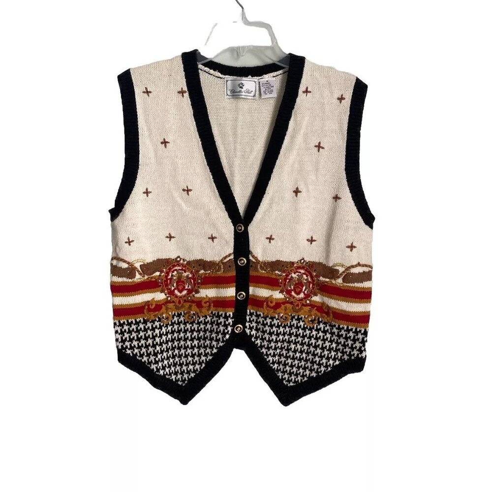 Chandler Hill Vtg Ivory Embroidered Crest Sleeveless Sweater Vest Women's